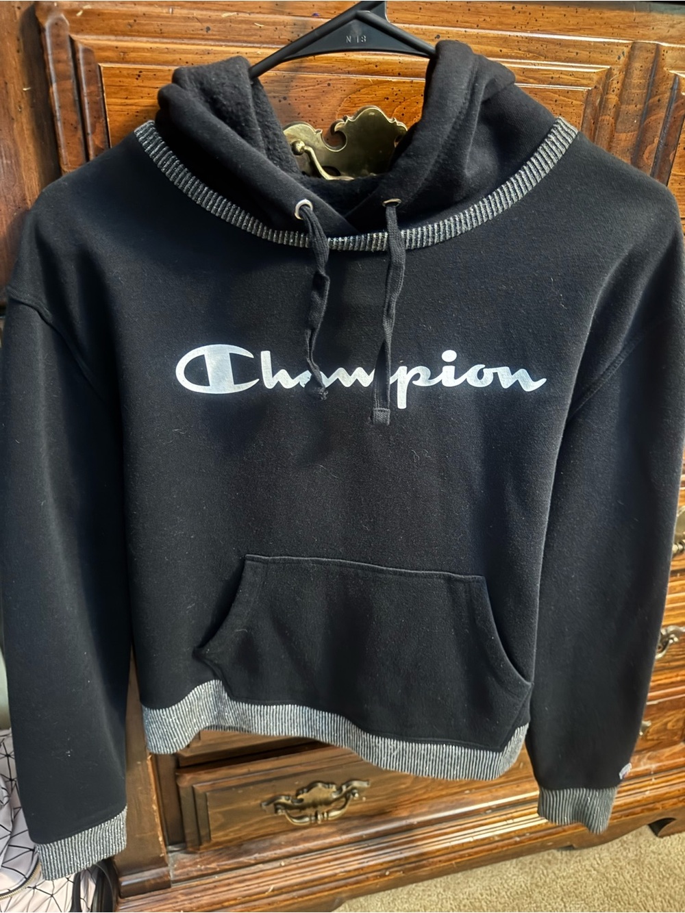 Women’s Champion Black Hoodie Sweatshirt with White Script Logo
